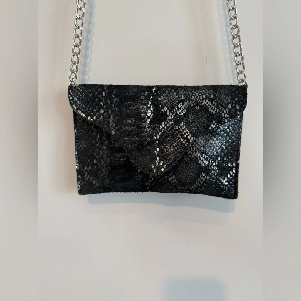 JJ Winters Envelope Crossbody Black Snakeskin Chain Bag